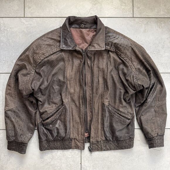 Vintage Animal Print Leather Bomber Jacket Dbl Zip Relaxed For Shoulder Padded - Picture 9 of 9